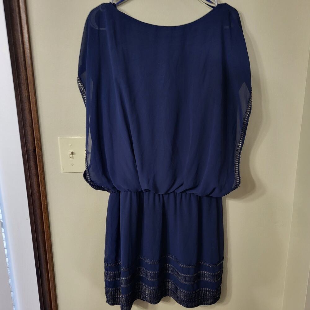 SLNY Size 14 Navy Blue Chiffon Blouson Dress Embroidered Cutout Detail